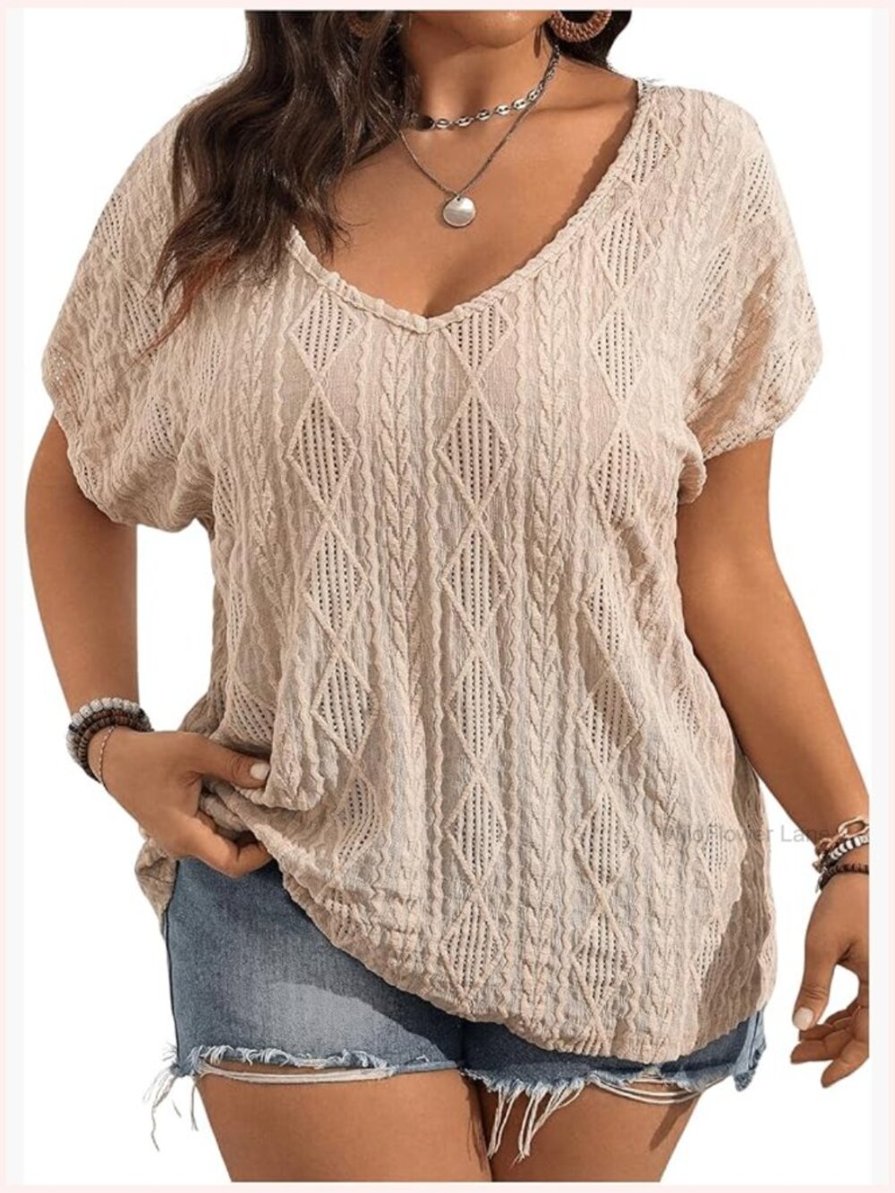 Plus Size Short Sleeve Crochet Lace V Neck Boho Ruffle Tee